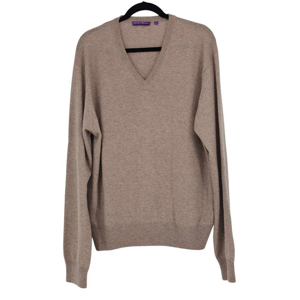 Peter Millar 100% Cashmere V-Neck Sweater Large Tan Classic Quiet Luxury Office